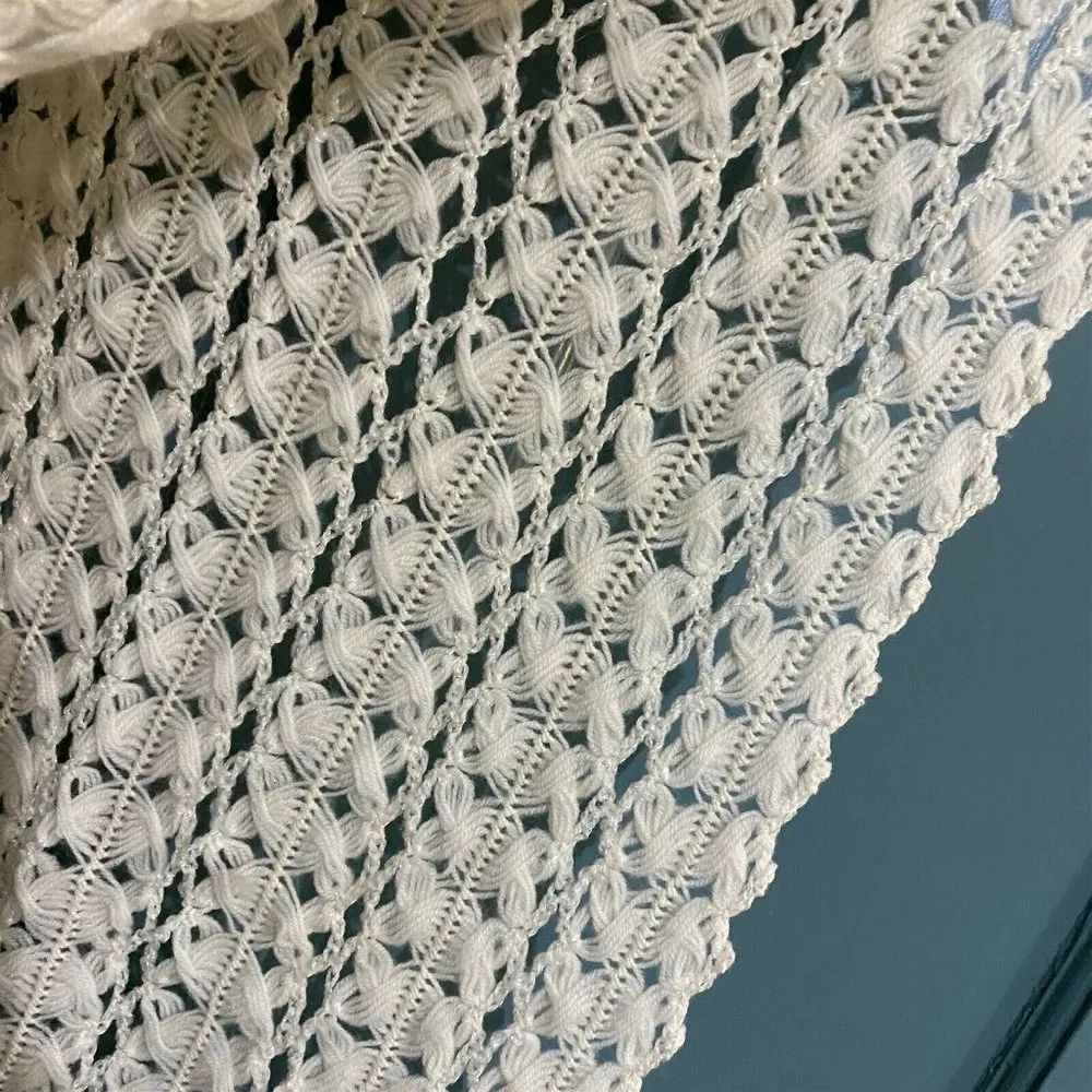 Vintage Lacey Shawl Wrap With Fringe Acrylic Openwork Pattern
